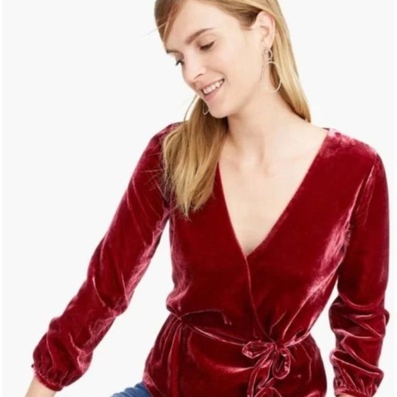 J. Crew Tops - NWT J. Crew Burgundy Velvet Peplum Deep V-Neck Blouse - Size 10